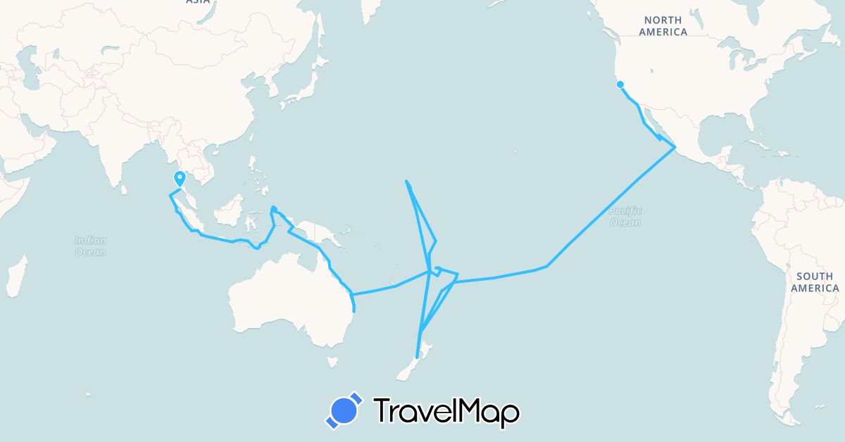 TravelMap itinerary: driving, boat in Australia, Fiji, France, Indonesia, Kiribati, Marshall Islands, Mexico, New Zealand, French Polynesia, Thailand, East Timor, Tonga, Tuvalu, United States (Asia, Europe, North America, Oceania)